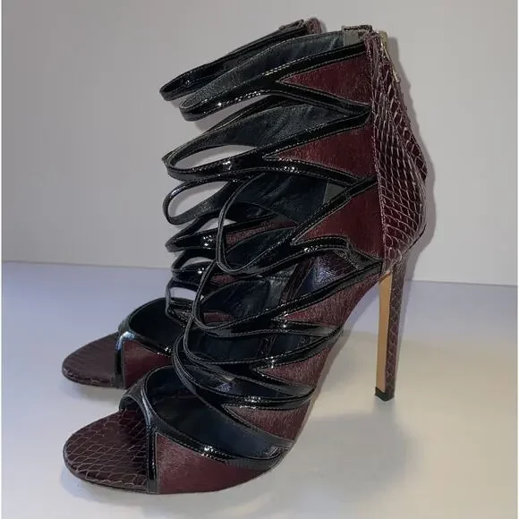 Brian Atwood Shoes Womens Size 8 Burgundy Black Snakeskin High Heel Sandals Zip - Picture 2 of 16